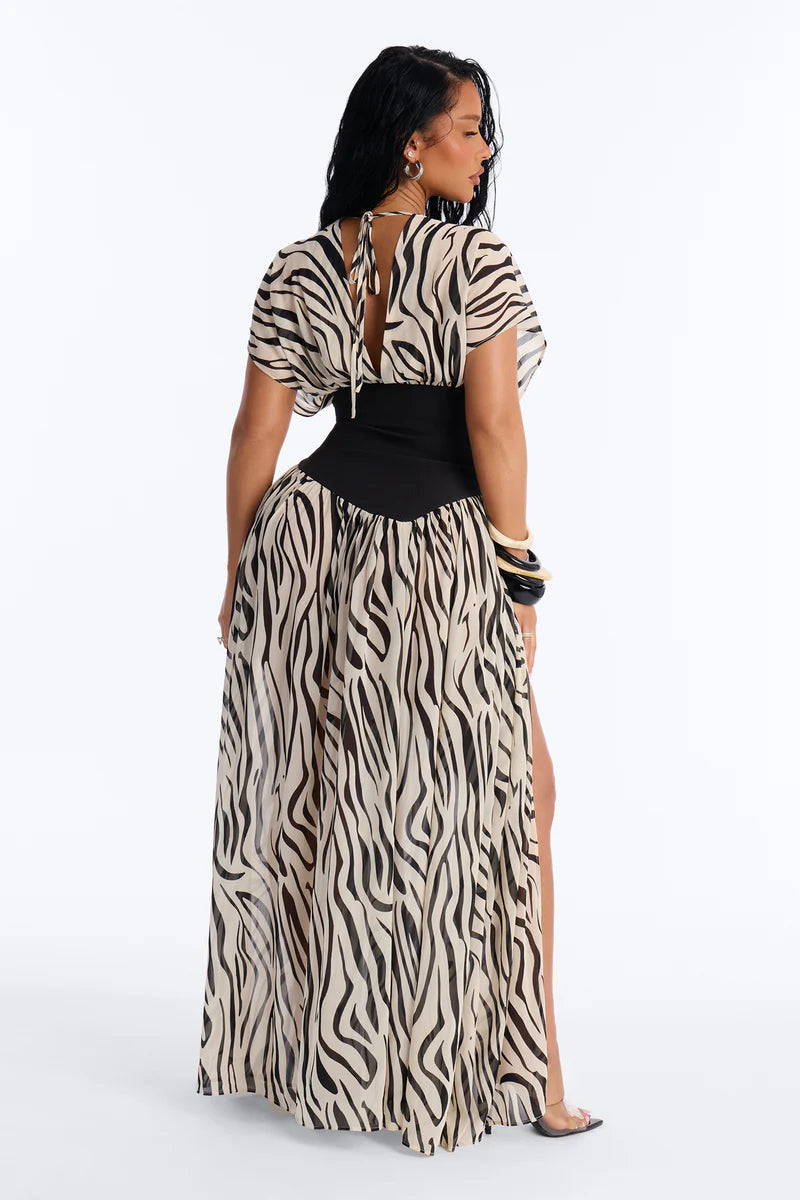Dalilah Printed Chiffon Corset Maxi Dress - White/Black