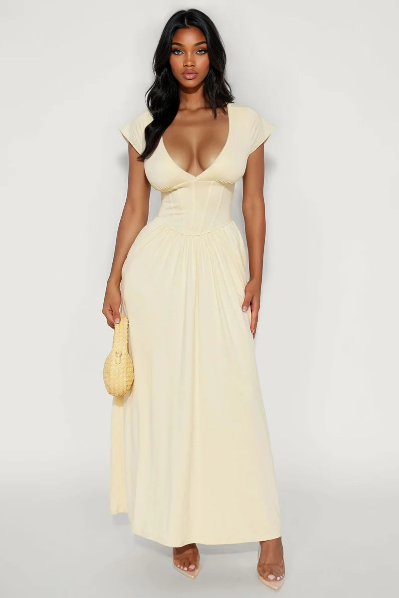 Ainsley Cap Sleeve Corset Maxi Dress - Butter Yellow